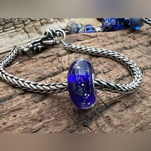 New Authentic Trollbeads Glass Bead- Milky Way Blue White Silver Core 925